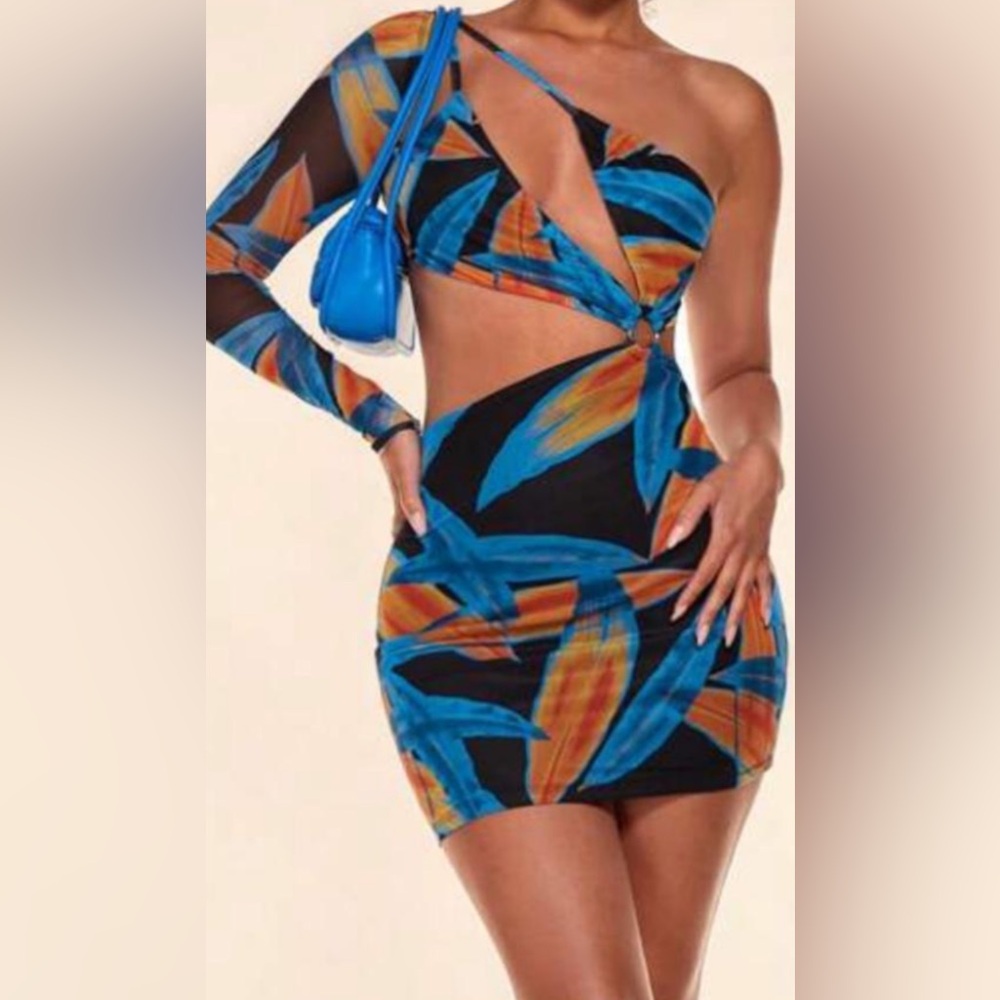SHEIN BAE Allover Print One Shoulder Cut
Out Waist Bodycon Dress